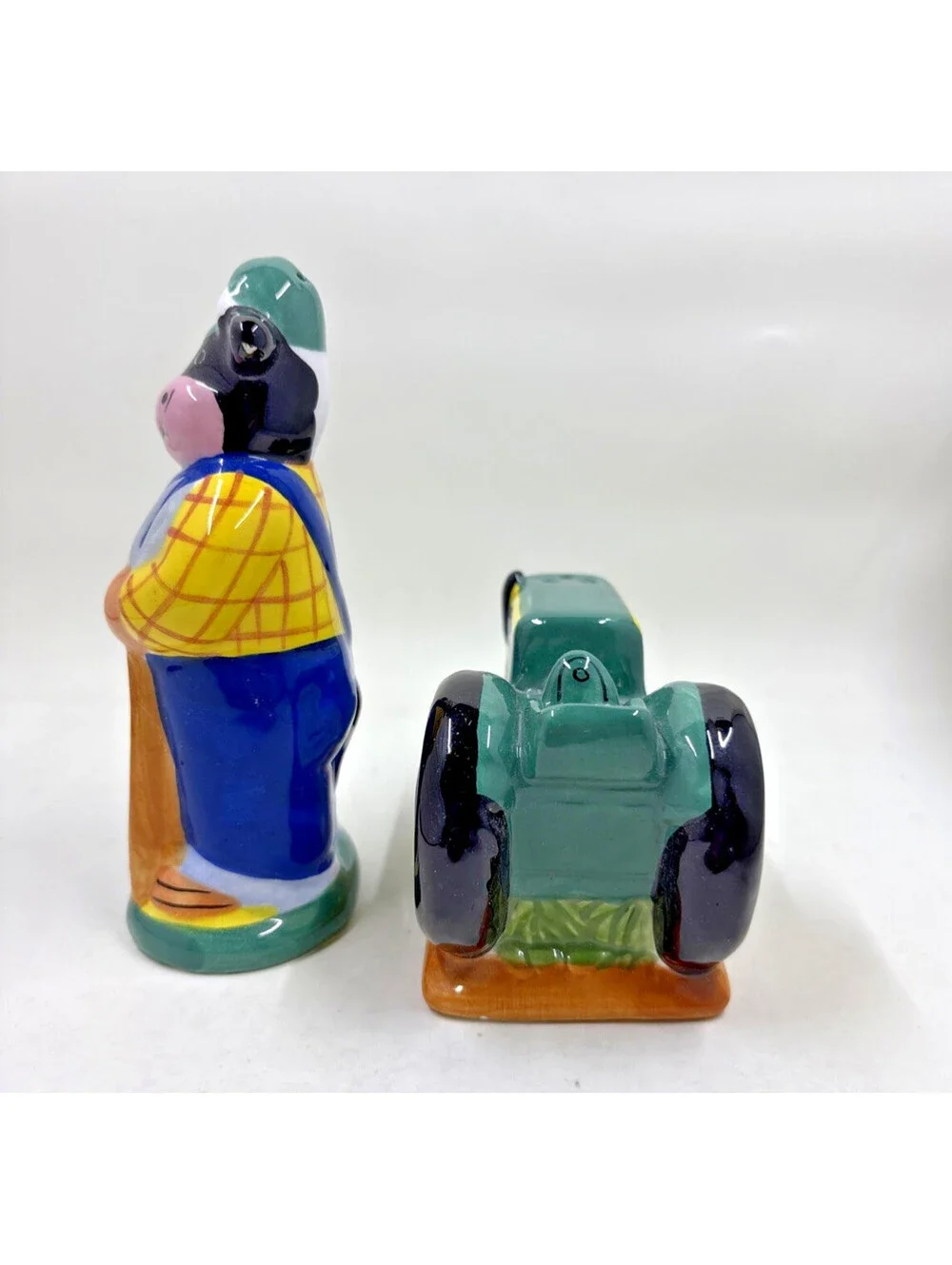 Vintage 1990's Cow Farmer Green Tractor Salt Pepper Shakers Ceramic Novelty